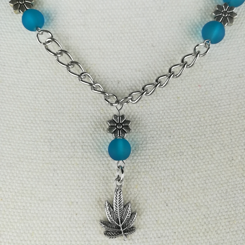 Unique Cannabis leaf & flower necklace blue frosted glass beads counter culture - Picture 2 of 3